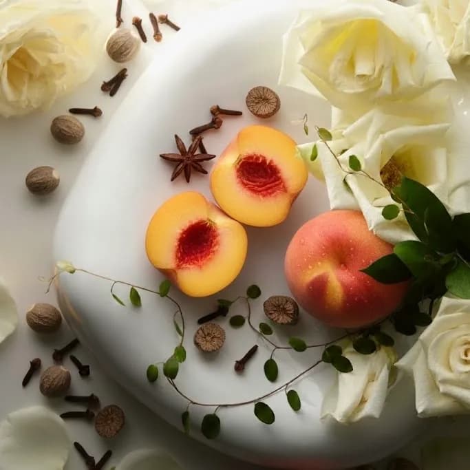 Assiette claire avec pêches, anis étoilé, girofle et roses blanches